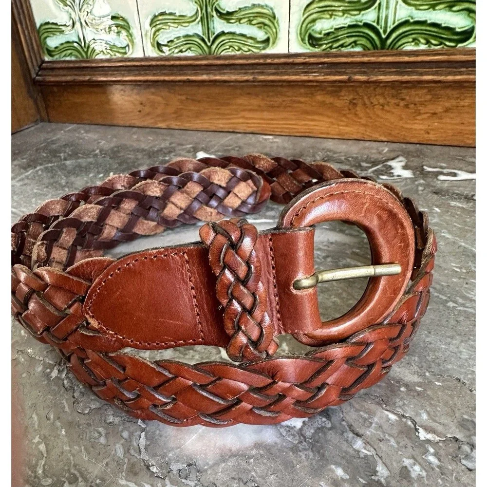 VTG 1980s 90’s Bass&Co? Boho Brown Leather Woven Braided Belt Women’s Large 1.5” - Picture 2 of 10